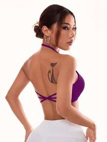 Slayform Slayform Women's Solid Color Criss-Cross Back Halter Neck Sports Bra - Bold Plum - View 2