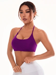 Slayform Slayform Women's Solid Color Criss-Cross Back Halter Neck Sports Bra - Bold Plum - View 9
