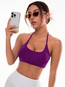Slayform Slayform Women's Solid Color Criss-Cross Back Halter Neck Sports Bra - Bold Plum - View 5
