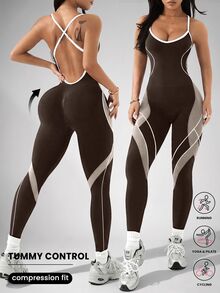 Slayform Slayform Women's Contrast Color Backless Criss-Cross Design Sleeveless Jumpsuit, Seamless - Coffee Brown - View 1