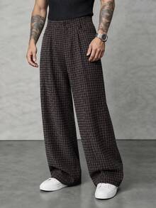 SLATEMANN Men's Casual Business Versatile Plaid Button Pocket Brown Pants - Brown - View 1