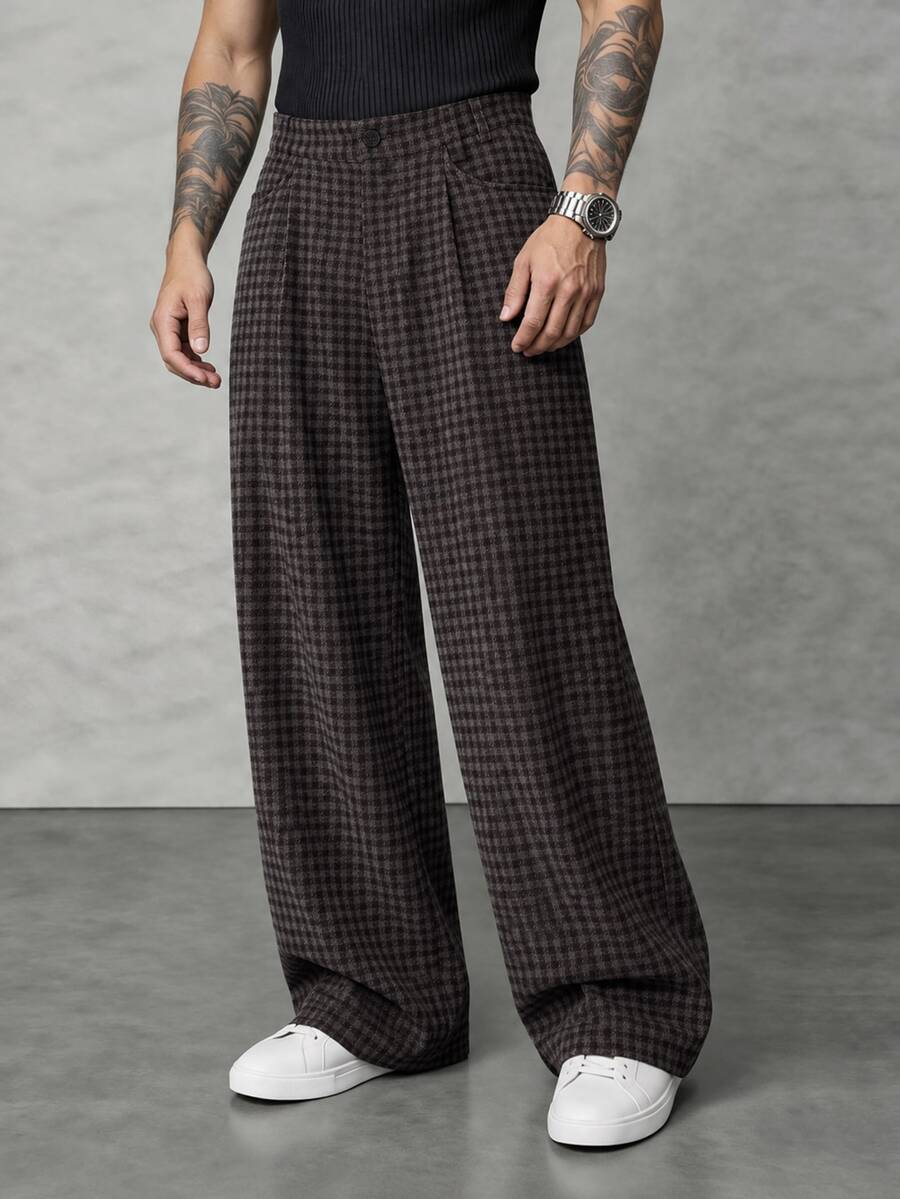 SLATEMANN Men's Casual Business Versatile Plaid Button Pocket Brown Pants - Brown - View 1