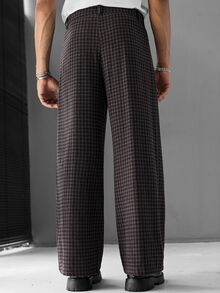 SLATEMANN Men's Casual Business Versatile Plaid Button Pocket Brown Pants - Brown - View 3