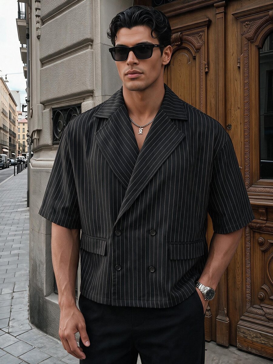 SIGLOCORE Men's Striped Casual Versatile Everyday Travel Shirt - Black - View 1