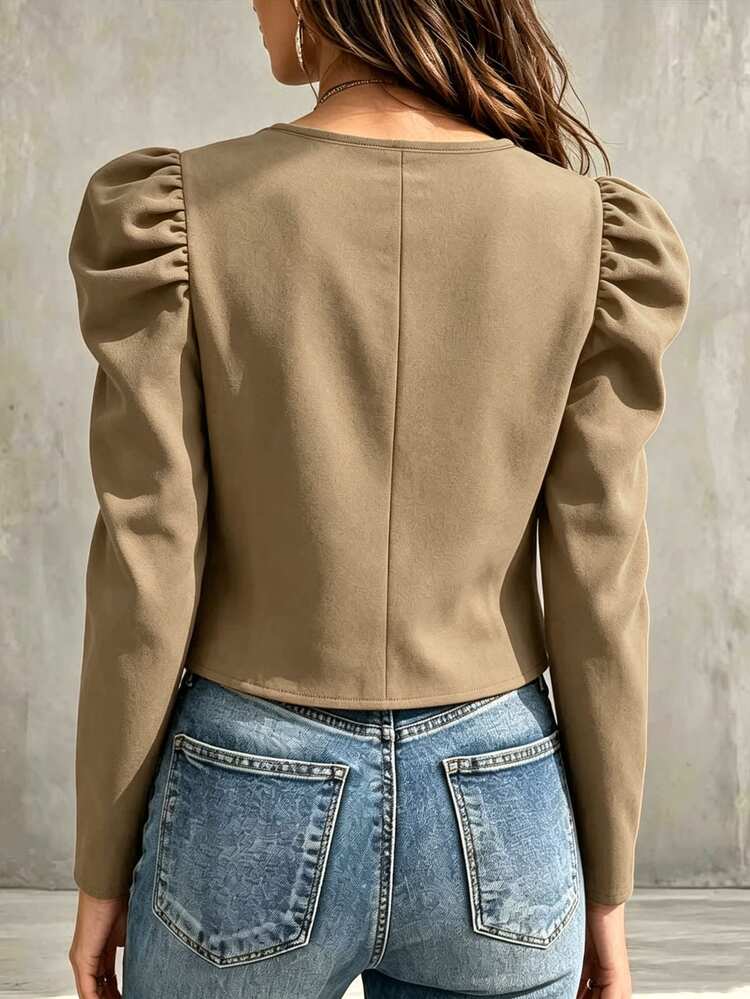 SHEIN Women's Solid Color Zipper Front Petal Sleeve Casual Lightweight Jacket - Khaki - View 2