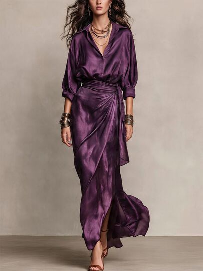 Trelyra Women's Casual Premium Luxury Satin Purple Long Sleeve Blouse And Asymmetrical Skirt Two Pieces Set With Side Tie Design, Waist-Cinching Elegant Commuter Outfit