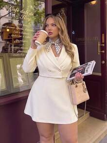 SHEIN MOD Plus Size Autumn/Winter Apricot Short Blazer Dress 2 Pieces Set, Elegant Daily Commute Outfit, Sister Gathering Outfit - Apricot - View 10