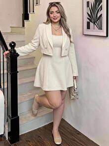 SHEIN MOD Plus Size Autumn/Winter Apricot Short Blazer Dress 2 Pieces Set, Elegant Daily Commute Outfit, Sister Gathering Outfit - Apricot - View 12