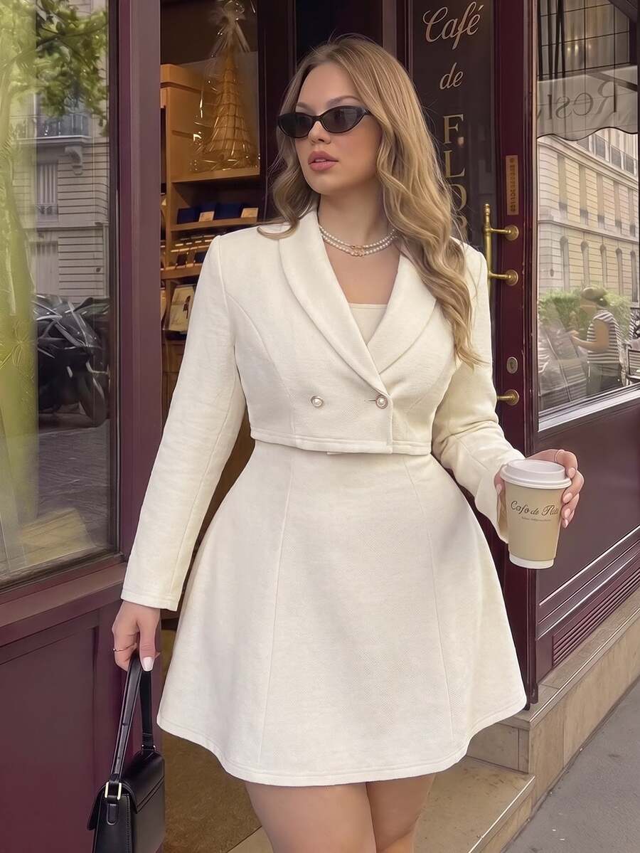 SHEIN MOD Plus Size Autumn/Winter Apricot Short Blazer Dress 2 Pieces Set, Elegant Daily Commute Outfit, Sister Gathering Outfit - Apricot - View 1