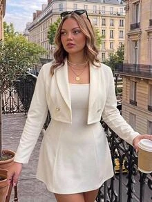 SHEIN MOD Plus Size Autumn/Winter Apricot Short Blazer Dress 2 Pieces Set, Elegant Daily Commute Outfit, Sister Gathering Outfit - Apricot - View 13