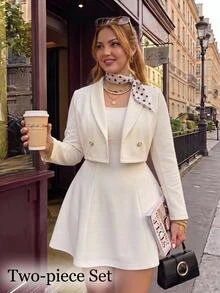 SHEIN MOD Plus Size Autumn/Winter Apricot Short Blazer Dress 2 Pieces Set, Elegant Daily Commute Outfit, Sister Gathering Outfit - Apricot - View 7