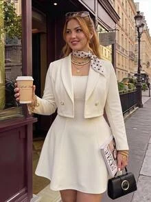 SHEIN MOD Plus Size Autumn/Winter Apricot Short Blazer Dress 2 Pieces Set, Elegant Daily Commute Outfit, Sister Gathering Outfit - Apricot - View 8