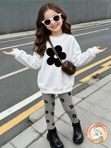 2件組女孩黑色花卉印花套頭運動衫與黑色條紋花卉印花內搭褲套裝，秋冬日常穿著 - 彩色 - 查看 3