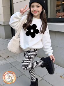 2件組女孩黑色花卉印花套頭運動衫與黑色條紋花卉印花內搭褲套裝，秋冬日常穿著 - 彩色 - 查看 1