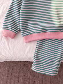 女嬰綠色條紋保暖內裡運動衫套裝，圓領寬鬆羅紋休閒可愛圖案長褲，2件套居家服校園家庭款 - 彩色 - 查看 5