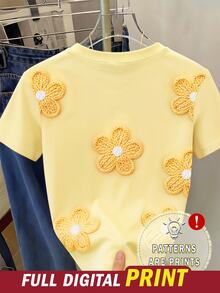 SHEIN 【印花設計】青少年女孩夏季休閒T恤上衣，仿刺繡仿珠飾印花，寬鬆版型，隨機發貨1件 - 彩色 - 查看 3