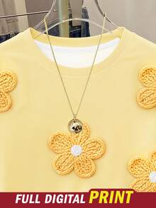 SHEIN 【印花設計】青少年女孩夏季休閒T恤上衣，仿刺繡仿珠飾印花，寬鬆版型，隨機發貨1件 - 彩色 - 查看 4