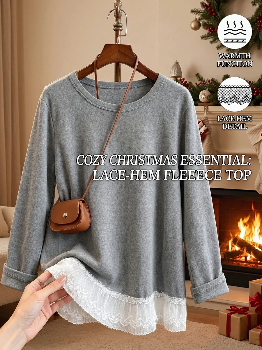 Franclia 大碼對比色蕾絲上衣 無包款 正式早午餐居家服 灰色 秋季休閒優雅正裝 - 灰色 - 查看 1