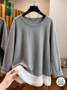 Franclia 大碼對比色蕾絲上衣 無包款 正式早午餐居家服 灰色 秋季休閒優雅正裝 - 灰色 - 查看 4
