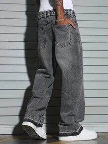 QuarKem Men's Casual Streetwear Commuter Holiday Pants, Loose Straight Leg, Grey Washed Design Summer - Grey - View 2