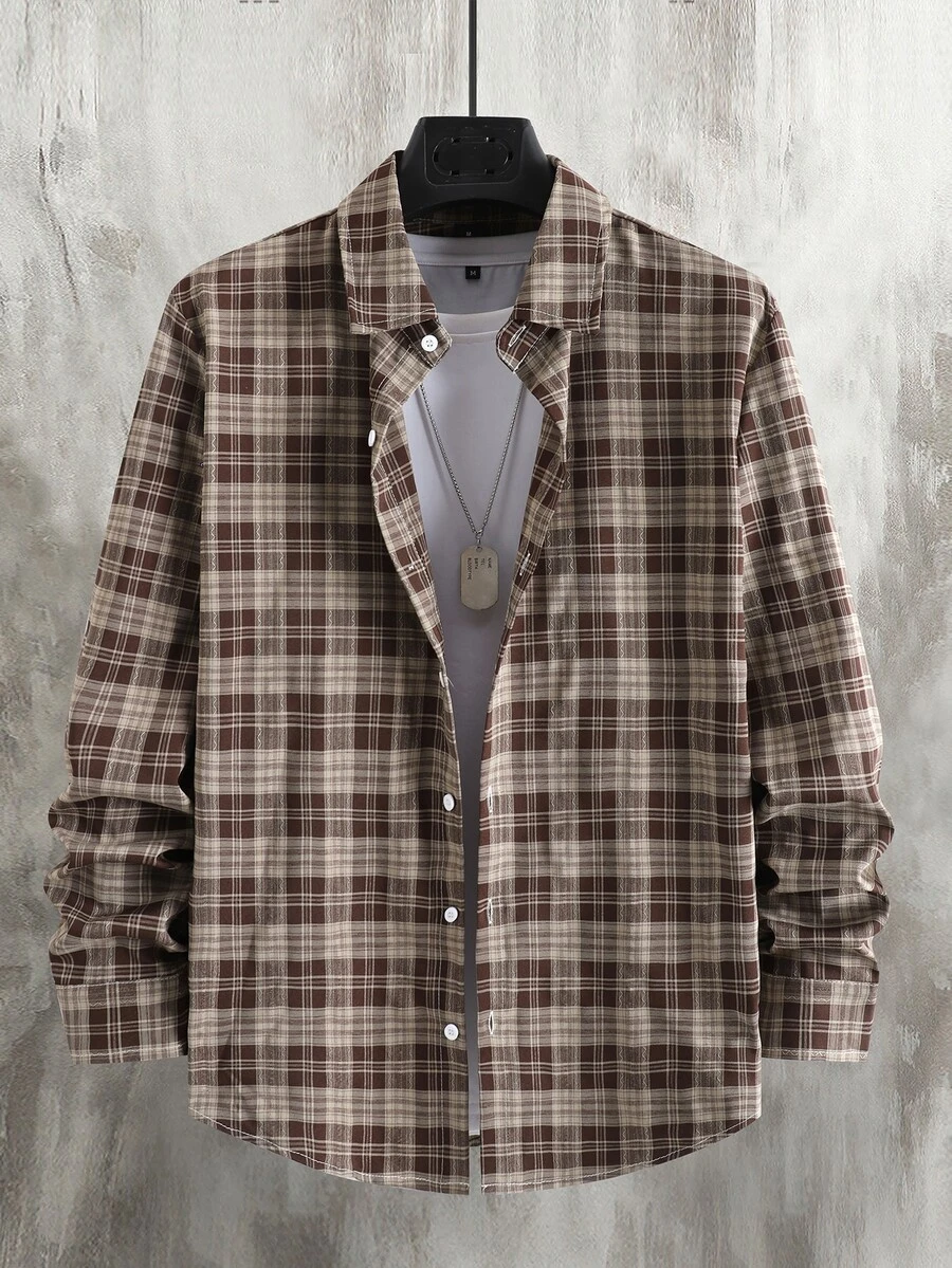 Manfinity CasualCool Men's Casual Plaid Single-Breasted Long Sleeve Shirt - Brown - View 1