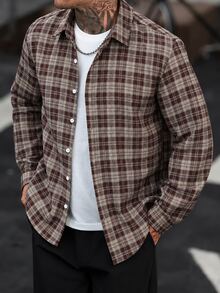 Manfinity CasualCool 男士休閒格紋單排扣長袖襯衫 - 棕色 - 查看 1