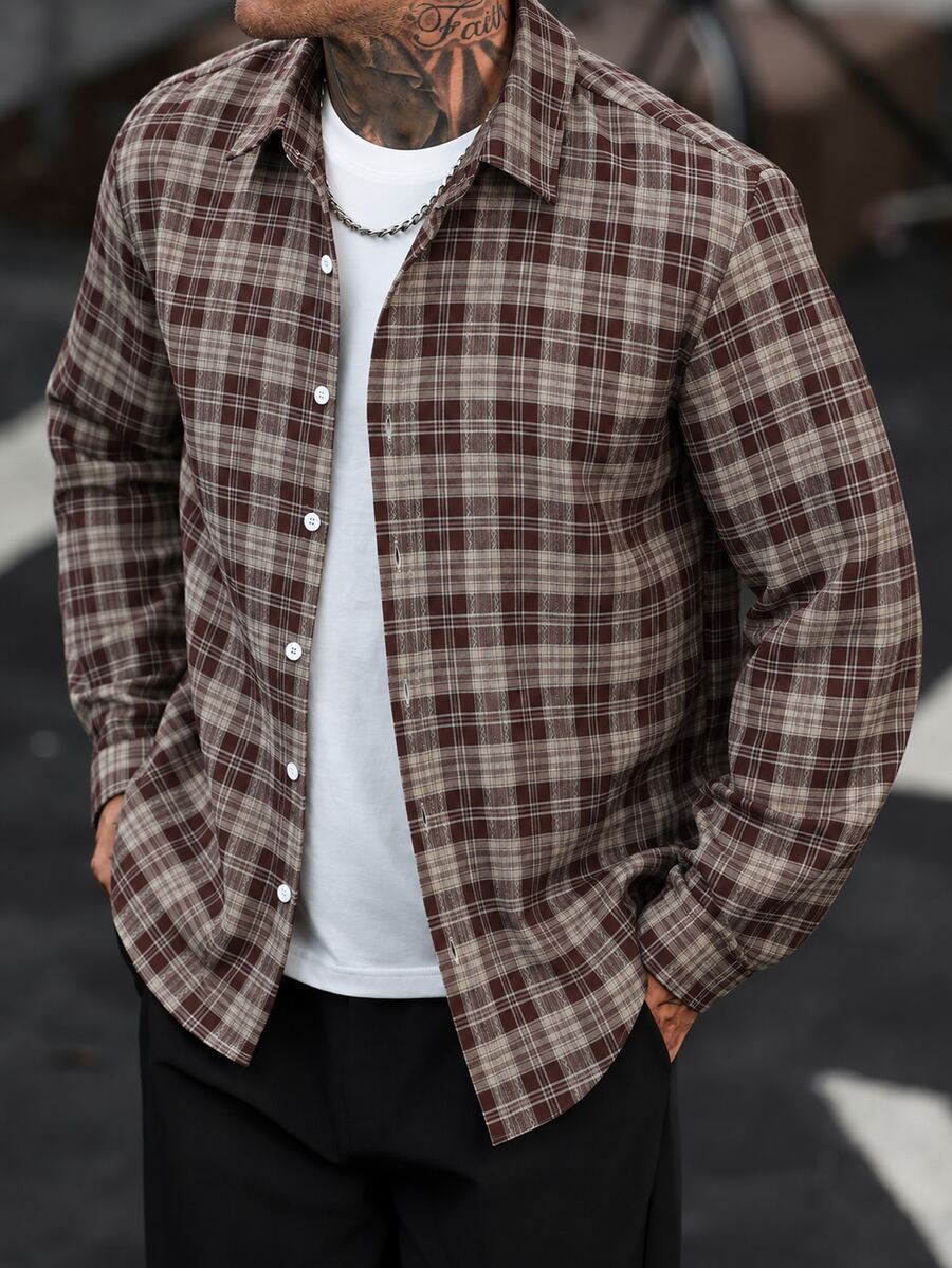 Manfinity CasualCool 男士休閒格紋單排扣長袖襯衫 - 棕色 - 查看 1
