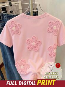 青少年女孩 T-shirt 上衣，仿刺繡、仿珠飾與仿豹紋印花，粉色寬鬆版型，適合學校、假期、夏季，可愛飄逸風 - 彩色 - 查看 3