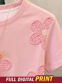 青少年女孩 T-shirt 上衣，仿刺繡、仿珠飾與仿豹紋印花，粉色寬鬆版型，適合學校、假期、夏季，可愛飄逸風 - 彩色 - 查看 7