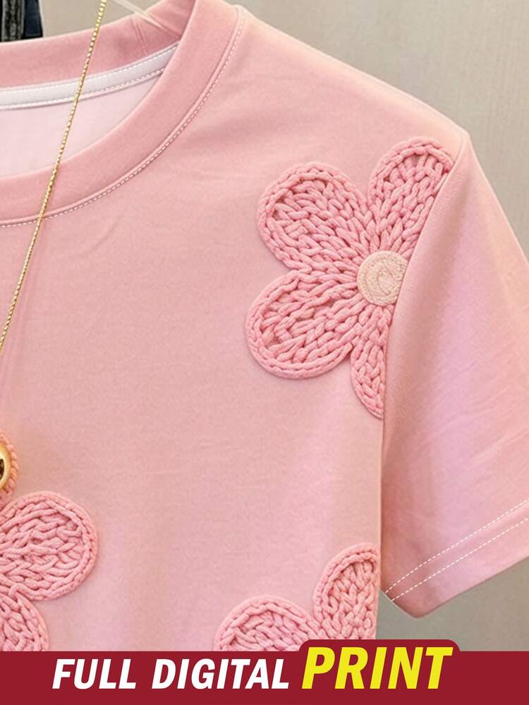 Tween Girls T-Shirt, Girl's Top With Faux Embroidery, Faux Beading And Faux Leopard Print, Pink Loose Fit T-Shirt, Random 1pc Sent School Summer Cute - Multicolor - View 7