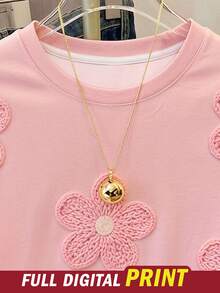 青少年女孩 T-shirt 上衣，仿刺繡、仿珠飾與仿豹紋印花，粉色寬鬆版型，適合學校、假期、夏季，可愛飄逸風 - 彩色 - 查看 5