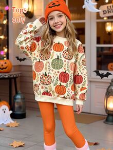Tween Girls Halloween Pumpkin Print Crew Neck Sweatshirt, Retro Autumn Floral Pattern Pullover Top For Fall - Multicolor - View 1