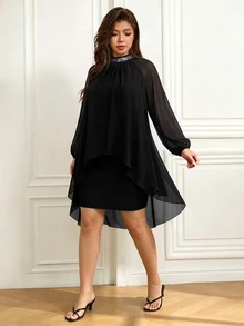 Femmeverse Women's Plus Size Summer New Pleated Halter Neck Raglan Sleeve Sequin Patchwork Lantern Sleeve Party Dress High Waist Bodycon Dress Fall - Black - View 4