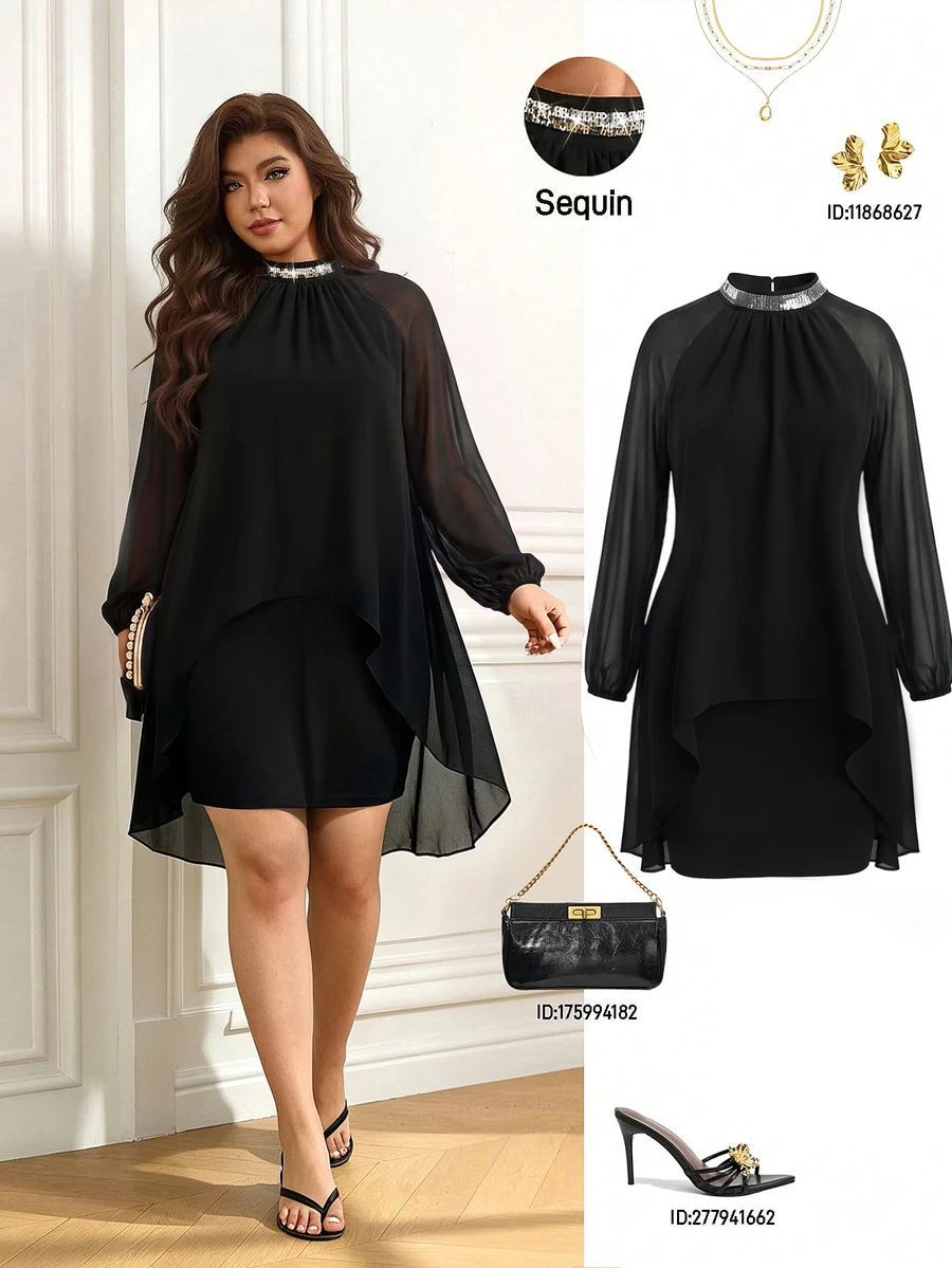 Femmeverse Women's Plus Size Summer New Pleated Halter Neck Raglan Sleeve Sequin Patchwork Lantern Sleeve Party Dress High Waist Bodycon Dress Fall - Black - View 1