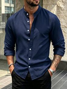 Manfinity Homme Men's Casual Versatile Single-Breasted Long Sleeve Shirt For Business Office - Navy Blue - View 3