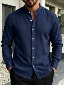 Manfinity Homme Men's Casual Versatile Single-Breasted Long Sleeve Shirt For Business Office - Navy Blue - View 5