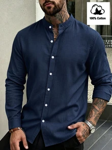 Manfinity Homme Men's Casual Versatile Single-Breasted Long Sleeve Shirt For Business Office - Navy Blue - View 1