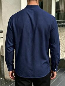 Manfinity Homme Men's Casual Versatile Single-Breasted Long Sleeve Shirt For Business Office - Navy Blue - View 2