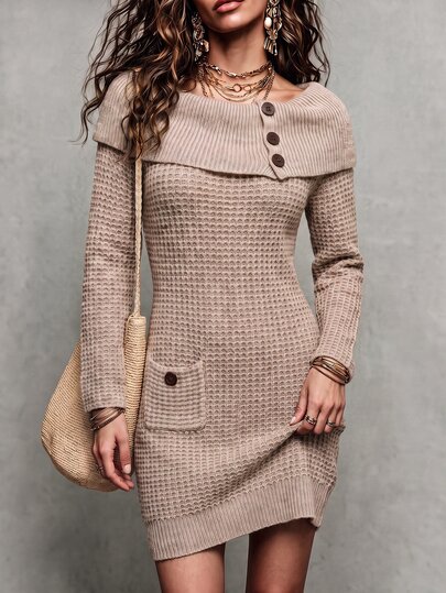 Omancia Women's Autumn/Winter New French Vintage Elegant Oversized Lapel Collar Asymmetric Button Front 3D Waffle Knit Texture Side Pockets Rich Detail Commuter Work Date Store Visit Outfit Sweater Dress