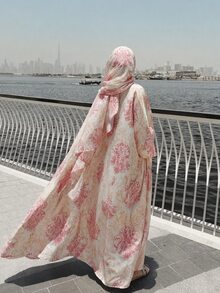 Yasmyna Women's Loose Casual Floral Print Comfortable Soft Fabric Elegant Prayer Robe - Baby Pink - View 4