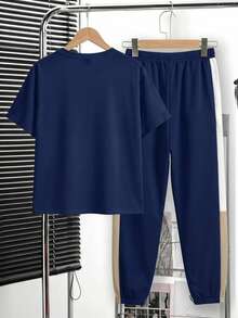 Setelan Kaos Lengan Pendek Kerah Bulat dan Celana Panjang Minimalis Kasual untuk Remaja Laki-Laki, Cocok untuk Musim Panas - MultiWarna - View 2