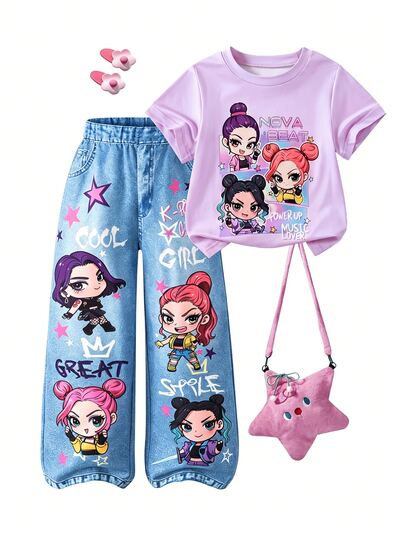 Girls' 2-Piece T-Shirt And Pants Set, Purple Short Sleeve Round Neck With Cute Cartoon Anime Print And Pocket, Straight Leg Long Pants, Summer School