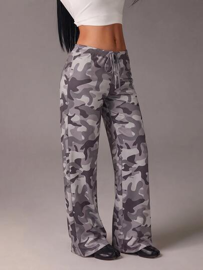 Athîral Women's Casual Low Waist Camouflage Print Straight Leg Pants, Versatile For Daily Wear, Dating, Gathering, Home Outfit