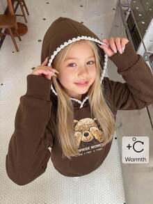 SHEIN Elladie kids 女童熊圖案貝殼縫線衛衣，可愛字母印花抓絨內裡保暖衛衣，冬季棕色套頭衫 - 棕色 - 查看 8