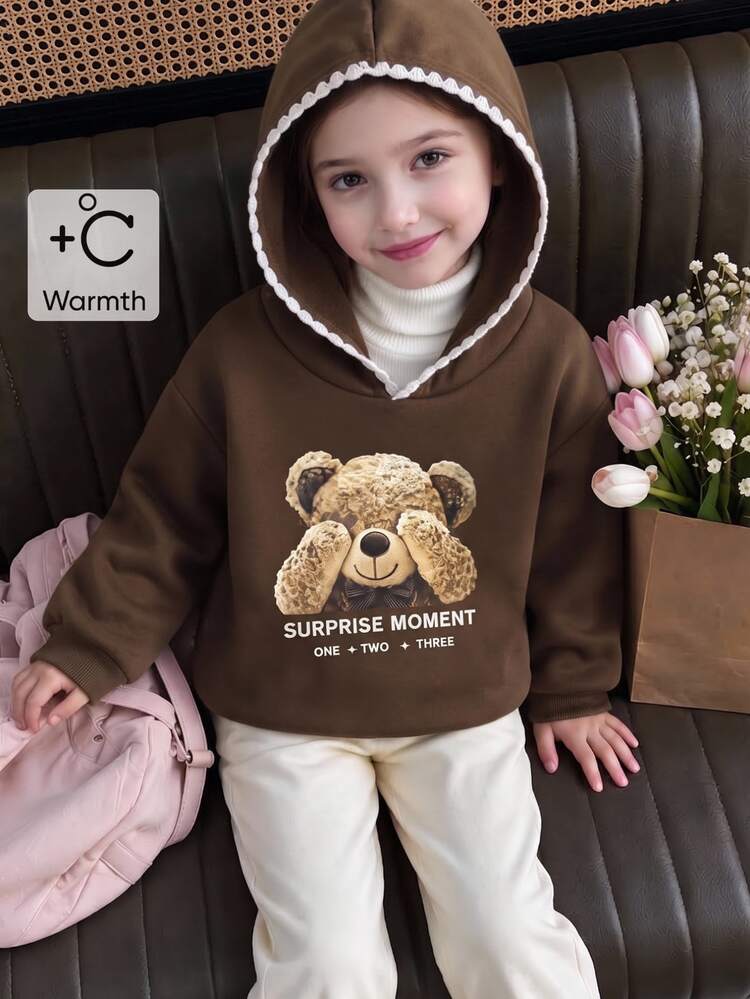 SHEIN Young Girls Bear Graphic Shell Embroidery Sweatshirt, Cute Letter Print Fleece Lined Thermal Sweatshirt, Warm Winter Brown Pullover - Brown - View 9
