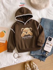 SHEIN Elladie kids 女童熊圖案貝殼縫線衛衣，可愛字母印花抓絨內裡保暖衛衣，冬季棕色套頭衫 - 棕色 - 查看 4