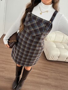 Easowa Curve 大尺碼寬肩帶鈕扣口袋格紋休閒迷你洋裝 女款秋季大尺碼洋裝 - 彩色 - 查看 3