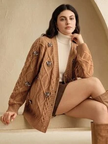 Anewsta Fashionable Modern Autumn/Winter Khaki Sweater With Heavy Beaded Bee Decor, Textured Knit For Commute, Casual And Outdoor Wear For Women - Khaki - View 3