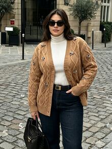 Anewsta Fashionable Modern Autumn/Winter Khaki Sweater With Heavy Beaded Bee Decor, Textured Knit For Commute, Casual And Outdoor Wear For Women - Khaki - View 1