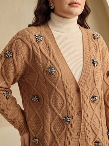 Anewsta Fashionable Modern Autumn/Winter Khaki Sweater With Heavy Beaded Bee Decor, Textured Knit For Commute, Casual And Outdoor Wear For Women - Khaki - View 2